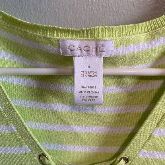 Caché Green & White Stripe V Neck Long Sleeve Top-Md - Picture 3 of 6